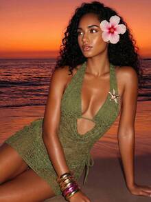 Bellisia Nuevo Conjunto de Bikini de 3 Piezas Primavera Verano Verde Mostaza con Cuello Drapeado, Tela Texturizada Semitransparente, Estilo de Influencer de Moda, Ropa de Playa para Vacaciones de Playa para Mujer - Verde - Ver 7