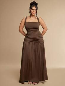 SHEIN BAE CURVE Đầm nữ size lớn thời trang đi du lịch cổ vuông xếp ly màu nâu - màu nâu - Xem 5