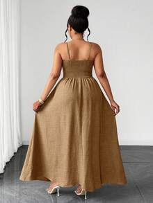 Maweii Women's Plus Size Elegant Textured Woven Fabric Spaghetti Strap Shirred Design Back Smocked Elastic Band Wooden Button Decor Waist-Defining Design Front Slit Design Extra Full Skirt Women's Plus Size New Style Vacation Concert Beach Seaside Fashion Versatile Outing Party Gathering Night Date Valentine's Day Romantic Date Fashion Item Spaghetti Strap Maxi Dress - Khaki - View 3