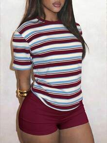 Slaydiva Women's Summer Casual Striped T-Shirt And Solid Color Shorts 2-Piece Set - Multicolor - View 6