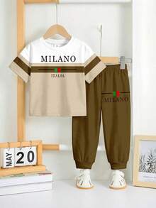 2pcs/Set Baby Boys' Loose Casual Sports Short Sleeve T-Shirt And Pants Set, Suitable For Spring & Summer. Classic Cool Colorblock Graphic Print, Milan City Name And Italian Text Print, Suitable For Campus, Spring & Summer - Multicolor - View 2