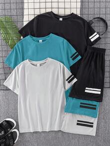 SHEIN 青少年男孩對比條紋印花圓領短袖T恤與短褲休閒套裝 - 彩色 - 查看 2