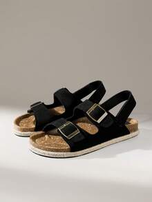 Solecia Sandalias de mujer primavera y verano nuevas con diseño de doble hebilla, punta abierta, suela plana, cómodas y ligeras, fáciles de poner, con borde tejido, color negro, estilo casual para vacaciones y playa - Negro - Ver 2