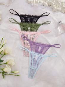 SHEIN 5pcs/Set Sexy Lace Women's Thong Comfortable Panties - Multicolor - View 3