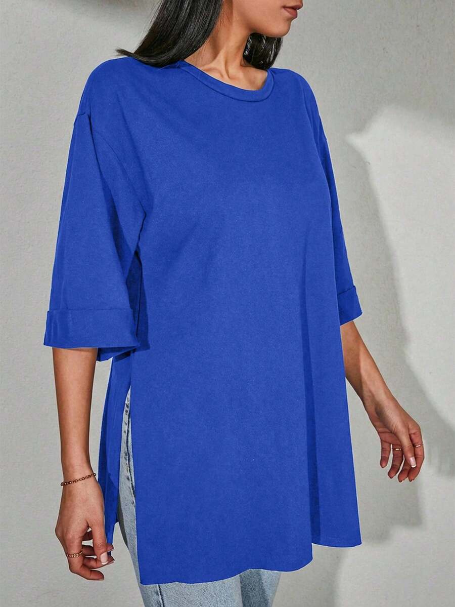 EURMUSE Camiseta de hombros caídos bajo con abertura - Azul - Ver 1