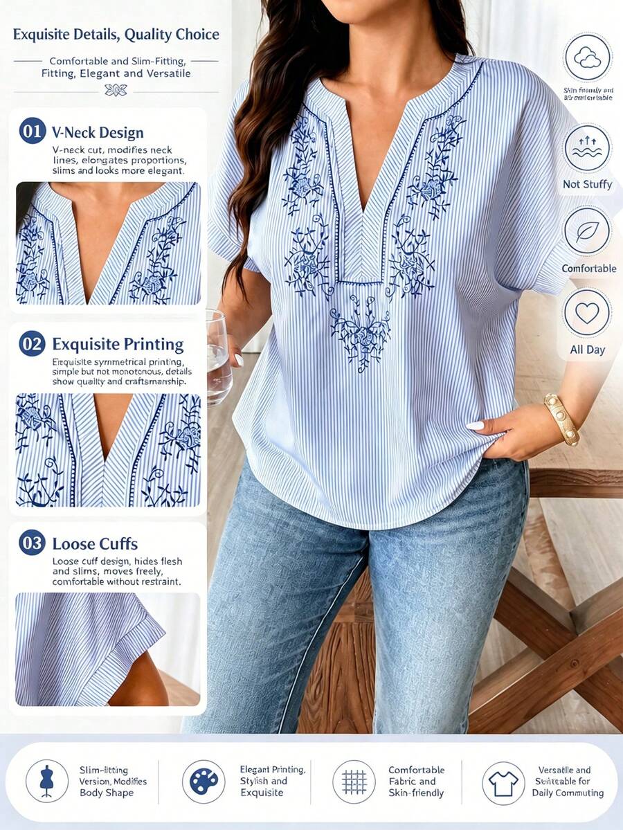 Weeklong Plus Size Women V-Neck Cutout Shoulder Striped Print Casual Vacation Shirt - Blue - View 1