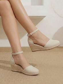 Styleloop 女士坡跟厚底鞋 春夏新款 增高显瘦 包头低帮设计 圆头 5.5cm坡跟 舒适高跟 亚麻材质 纯色 女士鞋 日常通勤 购物 约会必备 - 杏色 - 查看 4