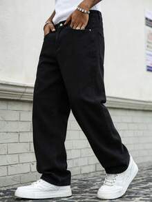 Manfinity Homme Men's Casual Streetwear Versatile Black Jeans Festival Winter - Black - View 4