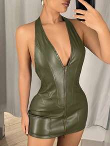 SHEIN ICON 深V掛脖雙拉鍊貼身緊身PU迷你洋裝 - 軍綠色 - 查看 1