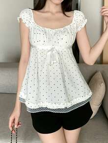 INAWLY Summer Puff Sleeve Polka Dot Square Neck Short Sleeve Women's Ruffle Lace Hem Top - Apricot - View 3