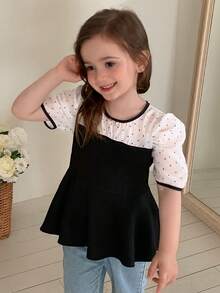 Dazy Kids Contrast Color Patchwork Puff Sleeve Cute Waist-Cinching Young Girls Blouse Summer - Black and White - View 4