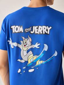 Strevion TOM & JERRY 男士简约汤姆滑雪图案印花圆领短袖T恤，夏季 - 寶藍色 - 查看 3