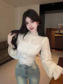 Joudiya Spring Summer Elegant Lace Patchwork Beige Women's Blouse - Beige - View 7