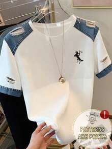 Resyla Authentic Embroidered, Fashionable Denim Effect Round Neck Women T-Shirt, Suitable For Daily And Formal Occasions - Navy Blue - View 1