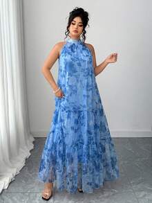 Elenzga Gaun Jala Motif Bunga Segar Dua Lapis Tanpa Lengan Tenun Elegan untuk Wanita Ukuran Plus - Dusty Blue - View 5