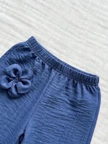 Vintaside Kids 女嬰夏季無袖時尚優雅立體花朵裝飾掛脖背心搭配簡約休閒時尚長褲套裝，適合旅行、度假、休閒散步或派對、生日派對等 - 藍色 - 查看 7