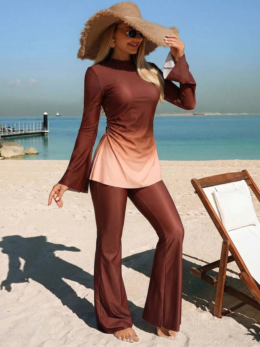 Swim Shayni 26SS夏季度假海灘女款保守粉紫色漸層長袖喇叭褲布基尼套裝 - 彩色 - 查看 1