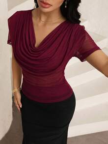 Modelyn Wine Red Mesh Ruffle Neck Pleated Elegant Fashionable Summer Short Sleeve T-Shirt - Burgundy - View 4