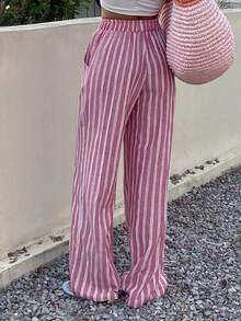 DAZY Women's Striped Elastic Waist Casual Pants - Pink - View 2
