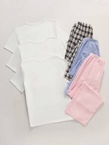 SHEIN Teen Girls Pony Print White Short Sleeve Striped Bubble Check Long Pants Set, Random Surprise Blind Box 3-In-1, Loungewear - Multicolor - View 2