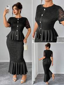 Elenzga Damen Outfit in Große Größen, 2-teiliges Set, Spitze Mesh Einsatz, transparent, sexy, elegant, Rüschenärmel Bluse und Fishtail Rock, bequemer, dehnbarer schwarzer Anzug für Party, Tee, Bankett - Schwarz - Übersicht 9