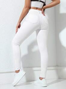 Jeanoix Minimalist Solid Color Slim Fit Zipper Fly Denim Jeans - White - View 2