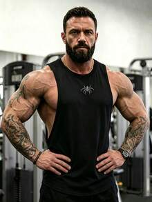 GymBeat 男士運動蜘蛛圖案無袖健身背心，寬鬆訓練上衣，健身房適用 - 黑色 - 查看 4