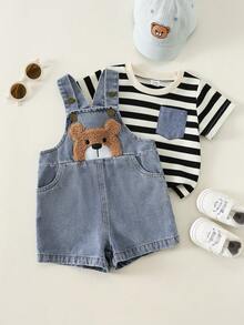 SHEIN Baby Jungen Baby Mädchen Sommer Lässig Süß Denim Latzhose Bären Latzhose Süße Latzhose - Verschiedenfarbig - Übersicht 2