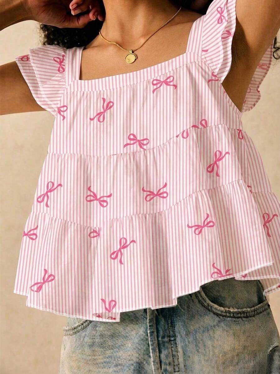SHEIN Frenchy Women's Square Neck Cap Sleeve Ruffle Trim Summer Striped Butterfly Print Blouse - Multicolor - View 1