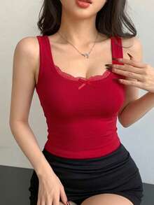 DAZY 女款方領短袖修身 T-shirt 夏季 - 紅色 - 查看 3