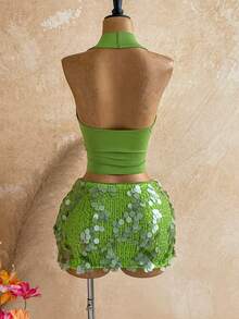Soleia Pink Sequin Vacation Women's 2 Pieces Set,No Breast Pads - Green - View 2