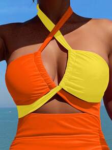 Swim Vcay Đồ bơi một mảnh nữ phối màu cut-out gợi cảm đan chéo cho đi biển - Nhiều màu - Xem 3