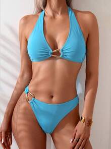 Swim Vcay 熱銷女款黑色性感掛脖式兩件式開衩比基尼套裝，適合海灘度假與休閒假期 - 藍色 - 查看 3