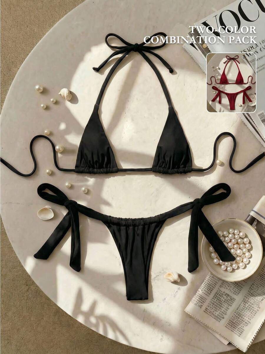 SHEIN 女款純色掛脖綁帶比基尼套裝,適合海灘度假 - 彩色 - 查看 1