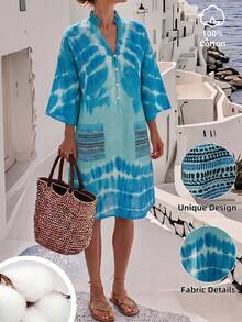 SHEIN Holidaya Women's Green Tie-Dye Casual Vacation Dress - Green - View 3