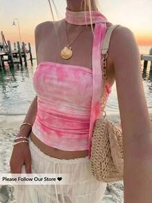Aloruh 女款極簡優雅時尚性感浪漫紮染花卉印花無肩帶緞帶抓皺抹胸上衣 - 淺粉色 - 查看 1