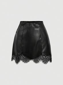 SHEIN MOD Jupe mode femme couleur unie avec ourlet en dentelle contrastée - Noir - Voir 6