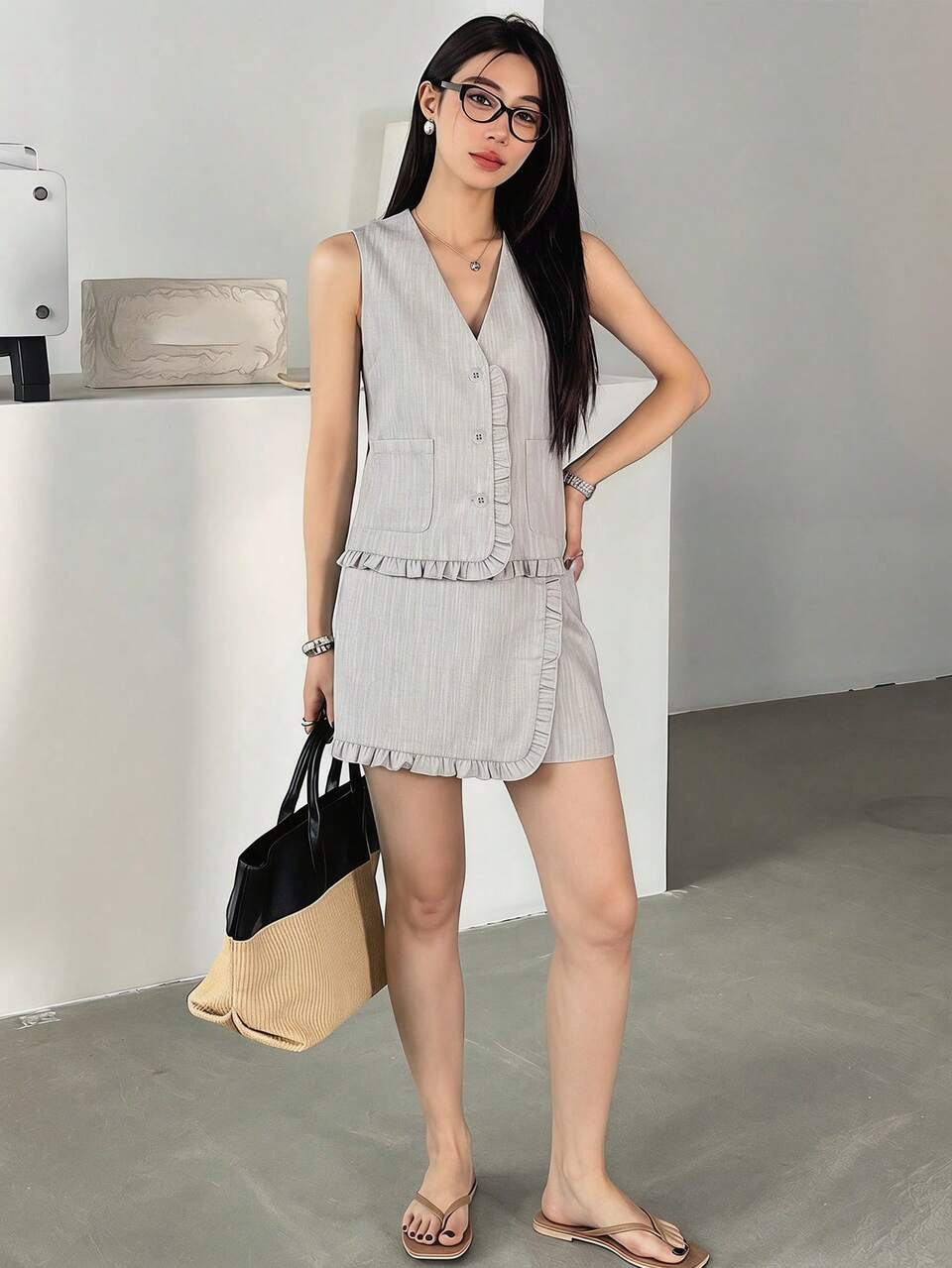 Women's V-Neck Frill Trim Patchwork Sleeveless Open Front Vest And Short Skirt Casual 2-Piece Set Summer
