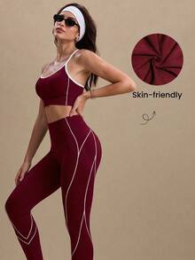 Solea Cove Solea Cove Conjunto deportivo de top halter sin espalda y leggings para mujer - Burdeos - Ver 3