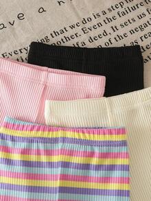 SHEIN Playful Pals 女嬰休閒簡約彩色可愛條紋素色內搭褲 4件組 春/秋 - 彩色 - 查看 5