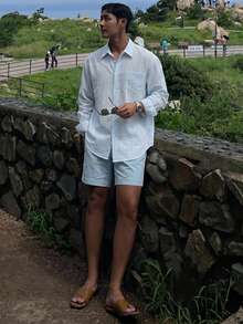 DAZY 春季藍色條紋長袖男士襯衫夏季 - 藍色 - 查看 4