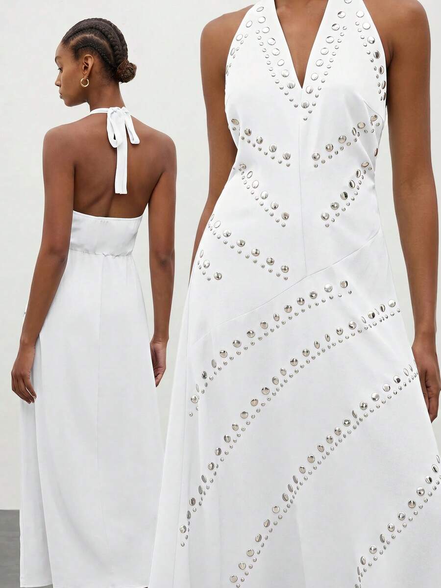 Maija Women's Long A-Line Halter Neck V-Neck Sleeveless Waist-Defining Fitted A-Line Vacation Dress - White - View 1