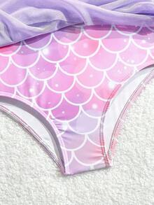 SHEIN 女童一件式魚鱗印花泳衣，網紗荷葉邊下擺，簡約時尚，快乾舒適針織面料，適用於海灘、泳池、海邊、衝浪、度假、夏季、旅行、假日，隨機印花 - 淡紫色 - 查看 6