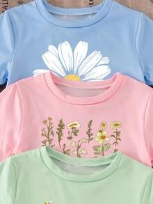 SHEIN 3套女童幼兒短袖圓領上衣與短褲套裝，花卉、花朵與蝴蝶結圖案，適合春/夏季，日常穿著，週末出遊，可愛夏季套裝，女童幼兒夏季T恤套裝 - 彩色 - 查看 4