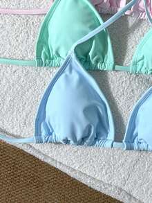Swim Mod Conjunto de 3 piezas de top de bikini con cuello halter y lazo de unicolor para mujer, adecuado para vacaciones de verano en la playa - Multicolor - Ver 3
