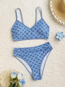 Swim SPRTY 女款2件組夏季海灘套裝，多色隨機印花肩帶上衣與高腰比基尼泳褲泳衣套組 - 藍色 - 查看 3