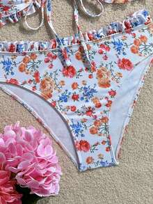 Swim Vcay Girls Sweet 2pcs Floral Random Print Wide Strap Chest Tie Triangle Bikini Swimsuit Set - Multicolor - View 5