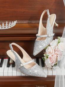 CUCCOO HITCHD WomenShoes Spring And Summer New Romantic Elegant Silver Glitter PU Stiletto Shoes Dress Shoes Bridal Shoes Wedding Season Party Wear - Silver - View 2