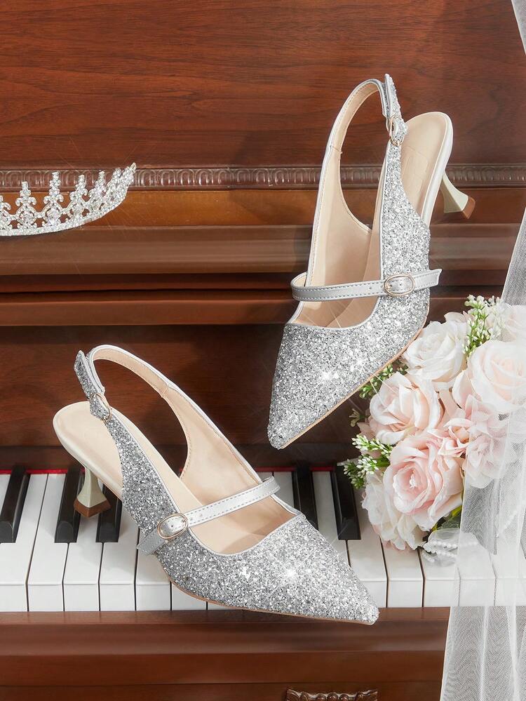 CUCCOO HITCHD Women'shoes Spring And Summer New Stiletto High Heel Romantic Elegant Silver Glitter PU Women's High Heel Shoes Dress Shoes Bridal Shoes Wedding Season Party Valentine's Day Elegant Wear