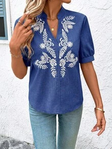 SHEIN Clasi 女款刺繡度假風鏤空V領百搭上衣 - 藍色 - 查看 5